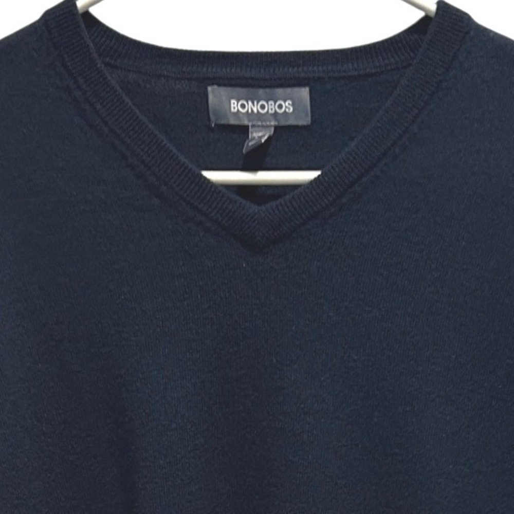 Bonobos V-Neck Sweater Large Mens Navy Blue 100% Extra Fine Merino Wool Standard